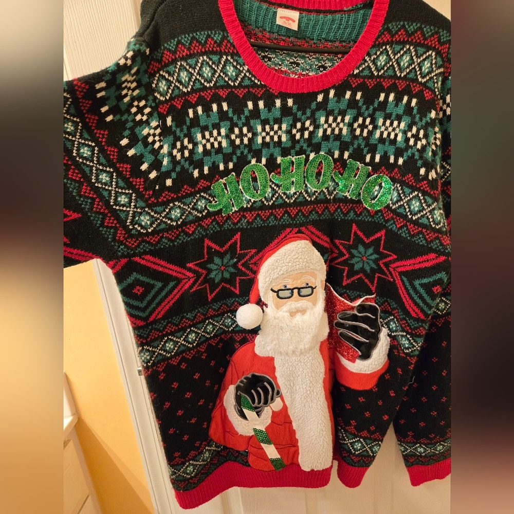 Holiday Time Black and Red Santa Crewneck Sweater